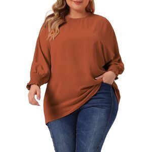 Plus Size Chiffon Tops Batwing Ruffle Elbow Sleeve Loose Shirts Caramel